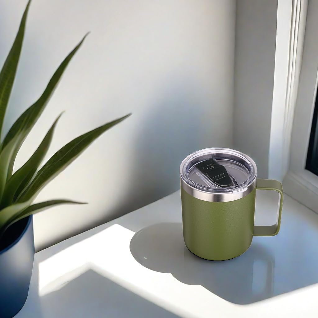 Volhoply 14oz Insulated Stainless Steel Coffee Mug with Lid Bulk 8 Pack,Double Wall Vacuum Travel Coffee Cup with Handle,Reusable Cups Tumbler,Camping Mugs Keep Hot, Ideal Gifts(Army Green,8)