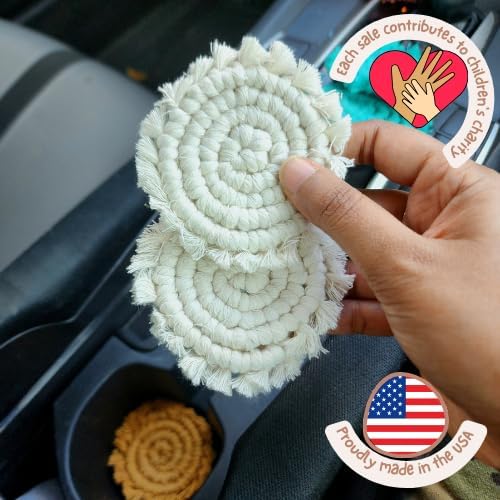 Cotton Car Coasters for Cup Holders, 2PC Car Cup Coasters, Drink Coaster Holder, Cute cupholder Coaster Accessories for Women, Macrame, Boho (Vanilla White)