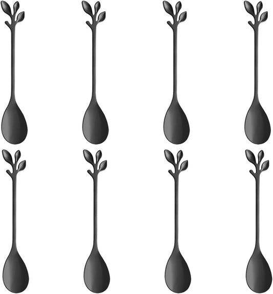 AnSaw 8-Pack Elegant Black Leaf 4.7" Espresso Spoons - Stainless Steel, Perfect for Coffee, Demitasse, Dessert & Tea, Mini Size for Small Servings