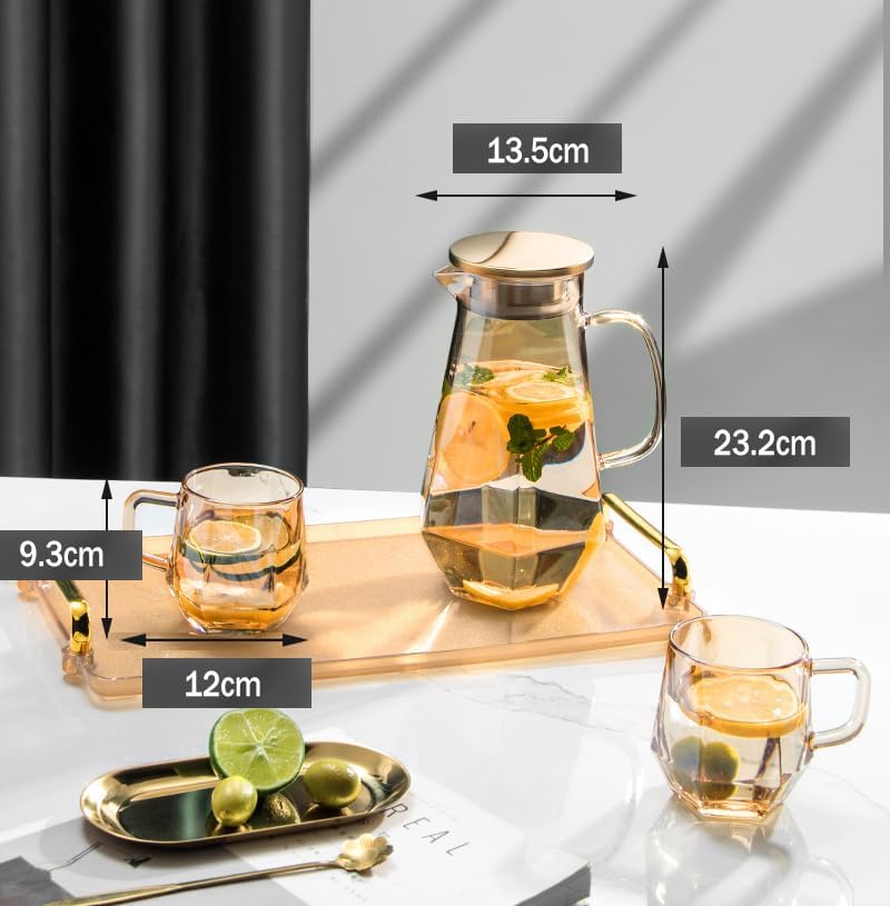 1.7 Liter/58oz Glass Pitcher with Lid Water Carafe Jug with Spout Handle for Hot/Cold Water Tea Beverage (Gold 5-Pcs/Set)