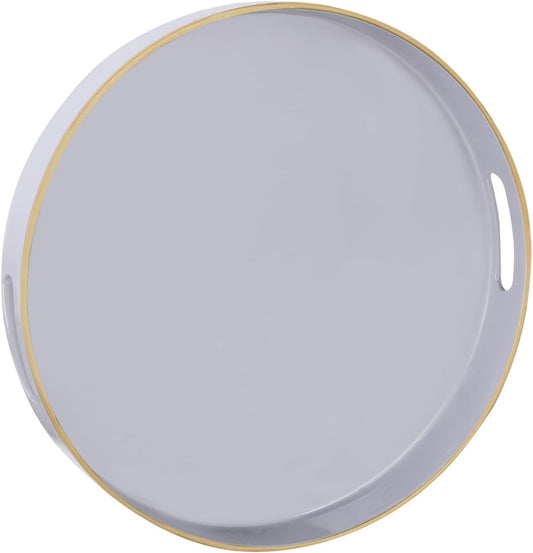 MAONAME 13" Gray Round Tray, Grey Serving Tray with Handles, Modern Round Decorative Trays for Coffee Table, Plastic Trays for Ottoman, Bathroom, Decor