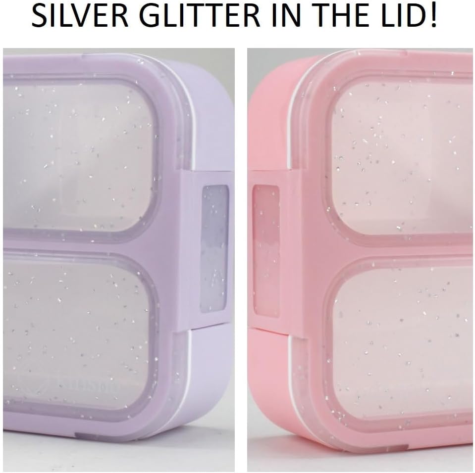 Kids Glitter Snack Container - Mini Bento Lunch-Box, Small Leakproof Container Boxes for Toddlers Girls Snacks Lunches, 3 Compartment - School Daycare Portion Containers, Pink Purple Sparkle Set of 2