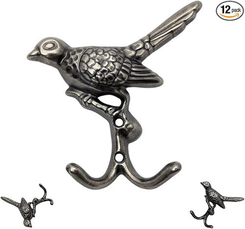 12 pcs Antique Silver Bird Decorative Wall Hooks by DIYDecorHub