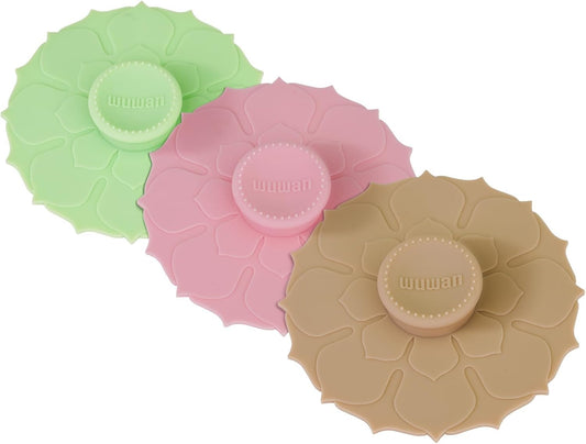 Silicone Cup Covers 4.1 Inch Reusable Silicone Mug and Cup Lids Suction Seal Lid Caps to Keep Drink Warm or Cold for Steeping Coffee Tea And Drink Cover (wuwan flower 3pcs, 3)