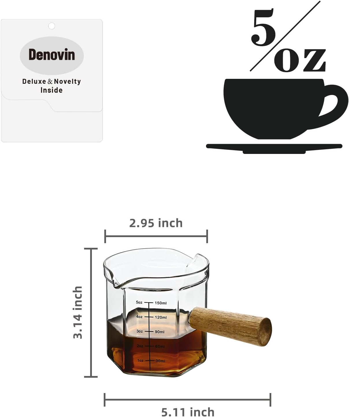 Glass Measuring Cup, 5oz Clear Espresso Shot Glass with Wood Handle, Double Spouts Measuring Triple Pitcher Milk Cup for Coffee Tea (Transparent)