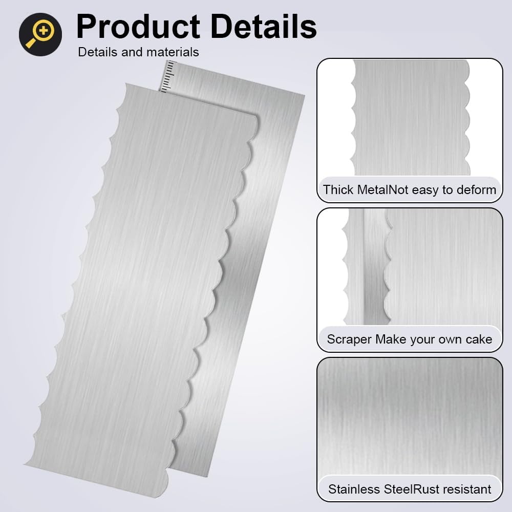 2Pcs Stainless Steel Cake Scraper - 8.6 Inch Double Sided Patterned Edge Stripe Smoother Scraper, Cake Smoother for Icing Mousse Butter Cream, Cake Decorating Comb Measuring Tool