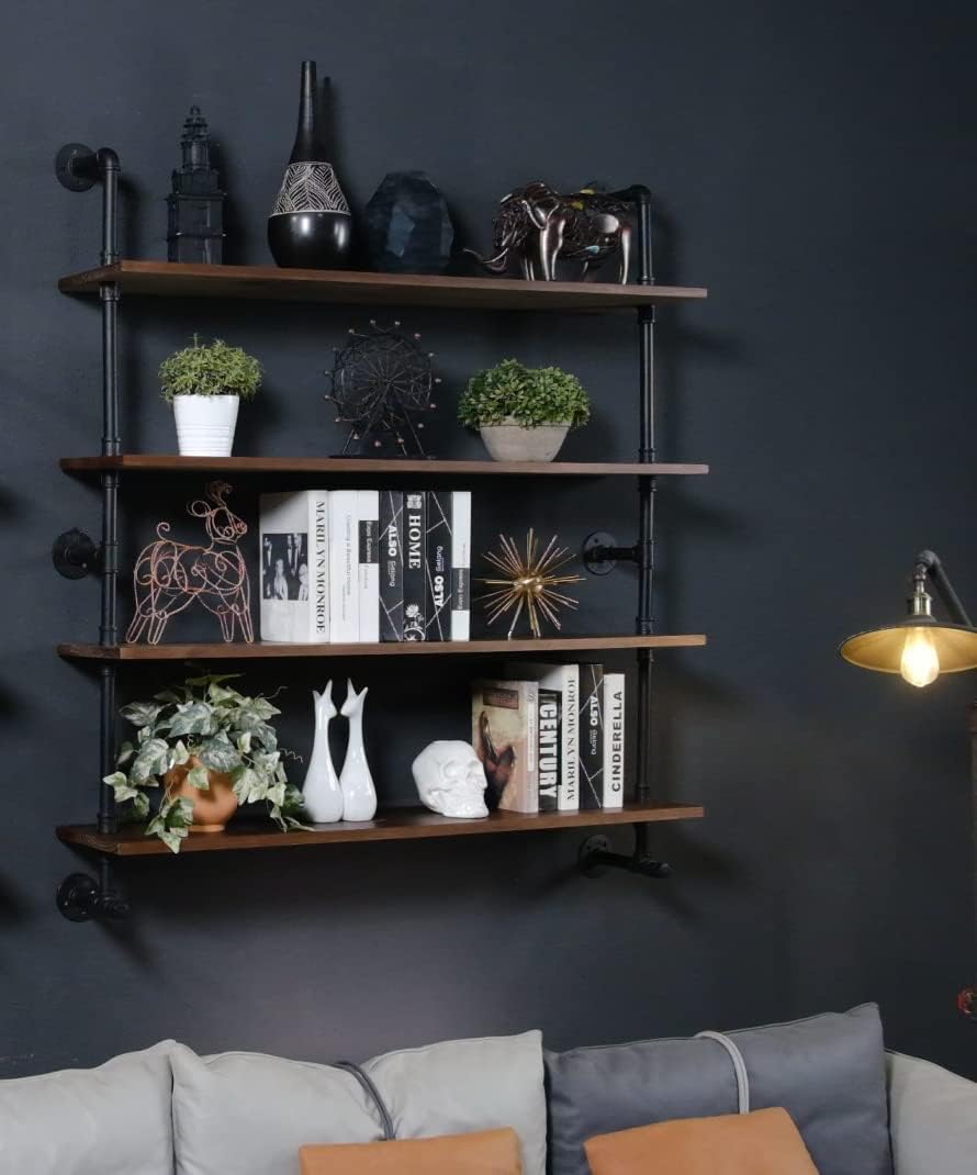 Industrial Pipe Wall Shelves Pipe Shelving with Real Wood Plank,48 Inches Floating Shelves for Wall Farmhouse Pipe Book Shelves Dark Brown 4 Tier for Kitchen,Living Room Decor and Bar Shelving