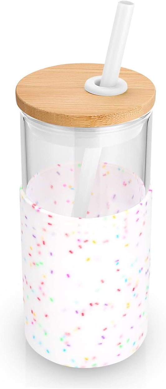 Tronco 16 oz Glass Tumbler with Straw and Bamboo Lid, Iced Coffee Cup Reusable, Smoothie Cups, Tumbler with Silicone Protective Sleeve - BPA Free