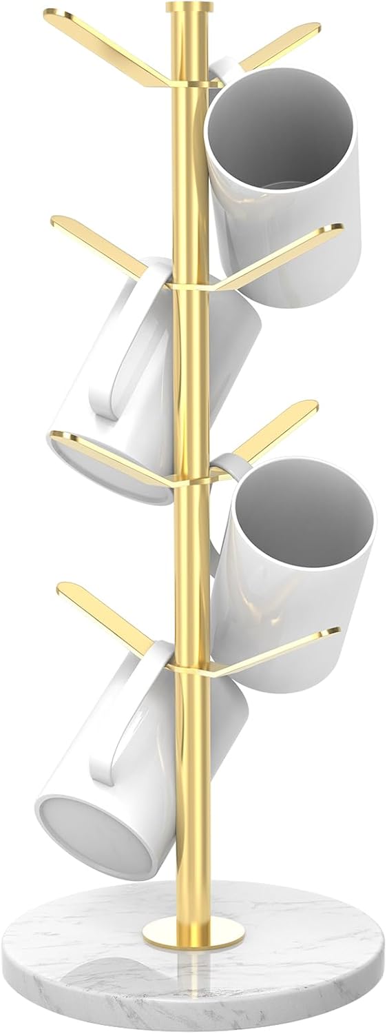 Marble Mug Holder Tree with 8 Hooks, Stainless Steel Coffee Cup Holder, Non-Slip Silicone Pads, Heavy Duty Marble Base, Countertop Organizer for Kitchen & Cafe, Gold