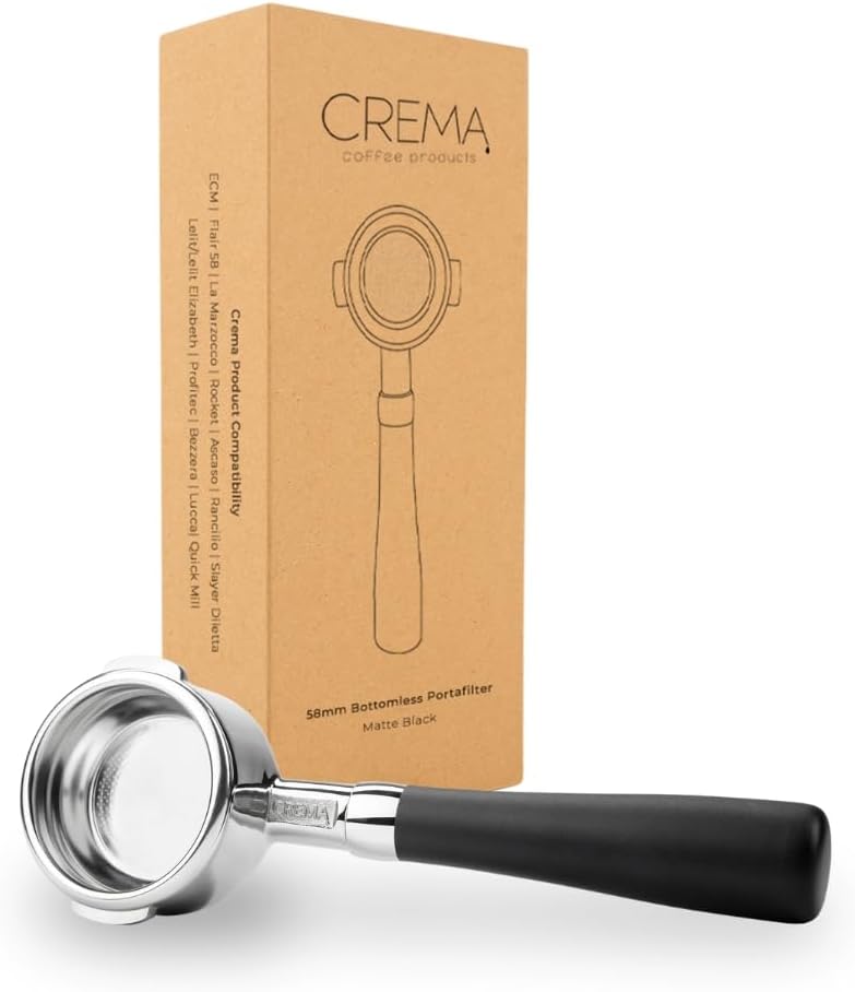 Crema Coffee Products 58mm Bottomless Naked Portafilter | Compatible with 54mm Breville Machines | Includes Double Shot Filter Basket | Matte Black