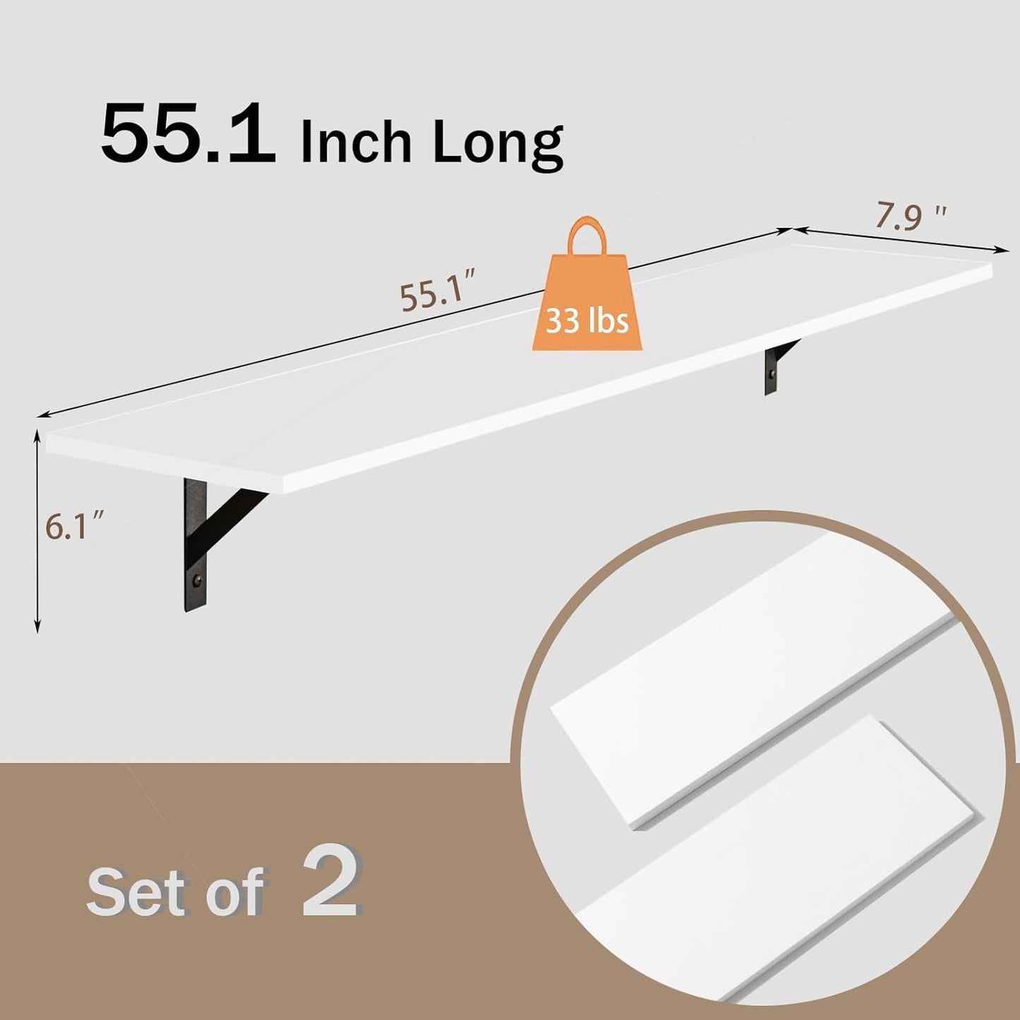 DINZI LVJ Long Wall Shelves, 55.1Inch Wall Mounted Shelves Set of 2, Extra Large Floating Storage Ledges with Sturdy Metal Brackets for Living Room, Bathroom, Bedroom, Kitchen, White