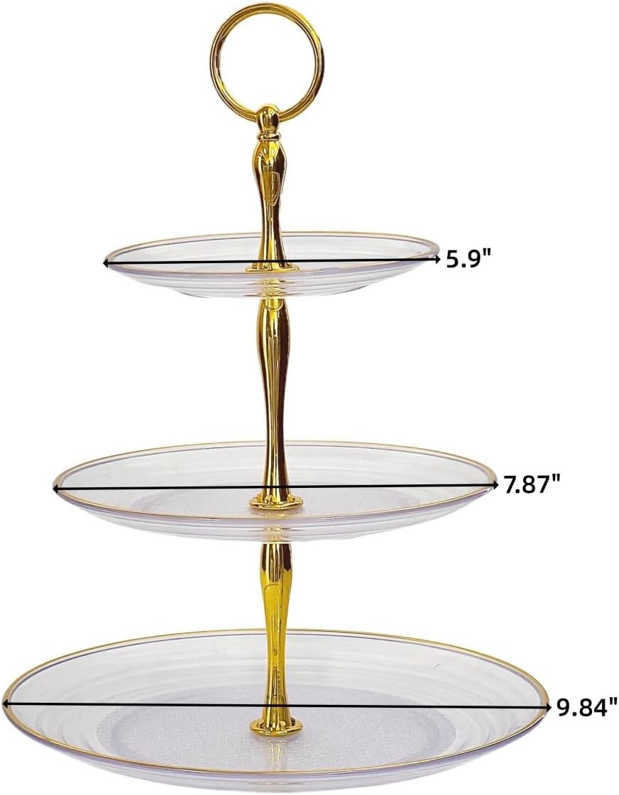 2 Pack of Dessert Cupcake Stand with Gold Trim, 3 Tier Cup Cake Holder Tower for Tea Party, Birthday, Wedding, Plastic Tiered Serving Tray, Clear