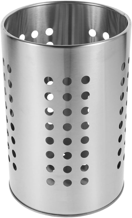Stainless Steel Kitchen Utensil Holder Flatware Cylinder Silverware Draining Organizer Drying Rack with Round Drain Holes for Forks, Knives, Spoons, Chopsticks