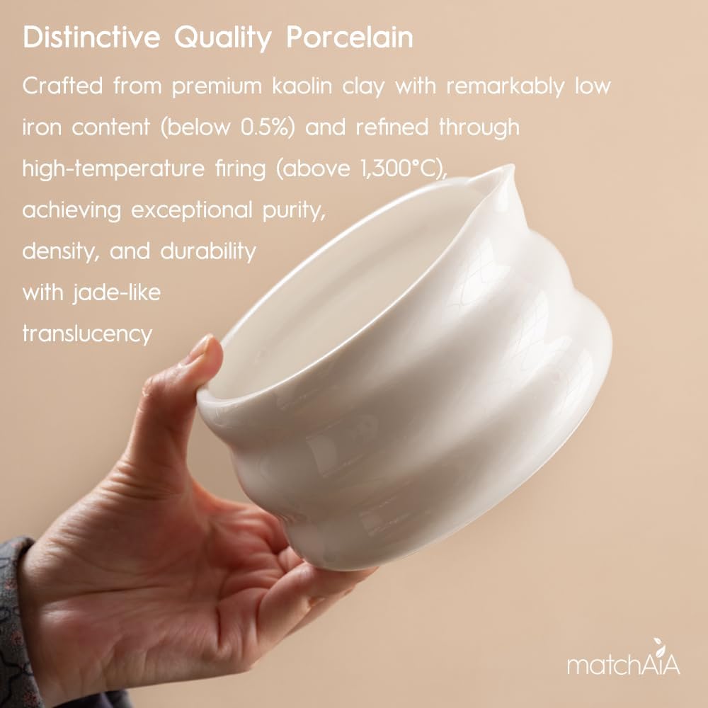 Matcha Whisk 8 Pcs Set - Ceramic Bowl, Bamboo Whisk with Holder, Canister, Sifter, Schima Spoon, Spoon Rest and Tea Towel, Complete Kit for Traditional Matcha and Modern Lattes (Glossy White)