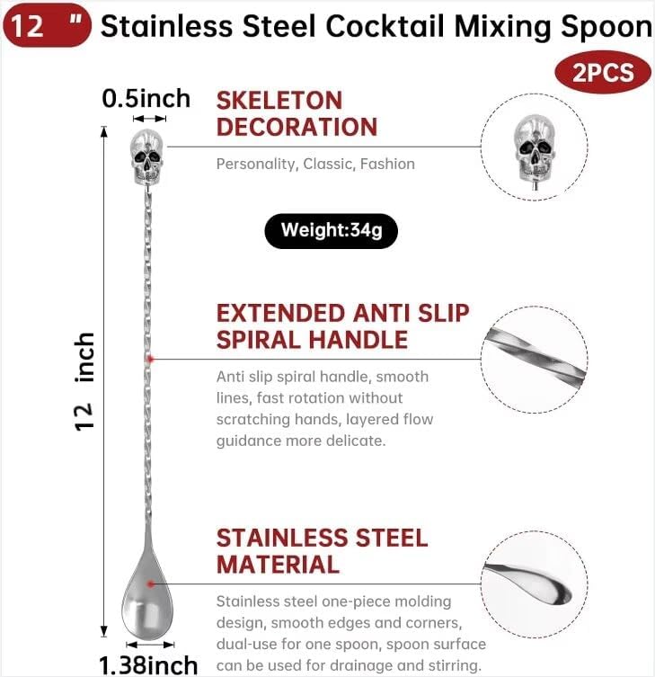 Homestia 2Pcs Bar Spoon, 12 Inch Stainless Steel Cocktail Mixing Spoon, Long Handle Spiral Design with Weighted Skull End Mixing Spoon Stirrers for Drink Cocktail Stirres Halloween Party Bar