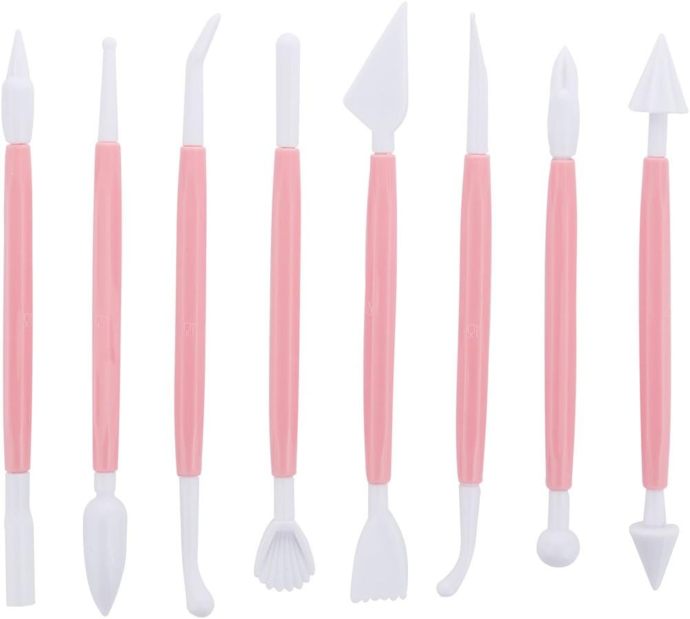 Marshmallow Fondant Cake Decorating Hand Tool 12 Pcs 5 Sets Sugarcraft Gumpaste Icing Smoother Rolling Pin Trimmer Cutter Embosser Flower Scissor Modelling Accessories Supplies Kit Pink