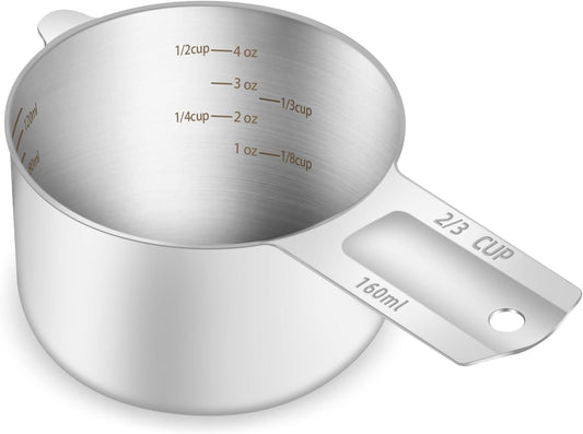 1PCS 2/3Cup (160ml, 5.3oz) Single Measuring Cup, Etched Inner Scale Stainless Steel Measure Scoop, Metric and US Measurement, Dishwasher Safe