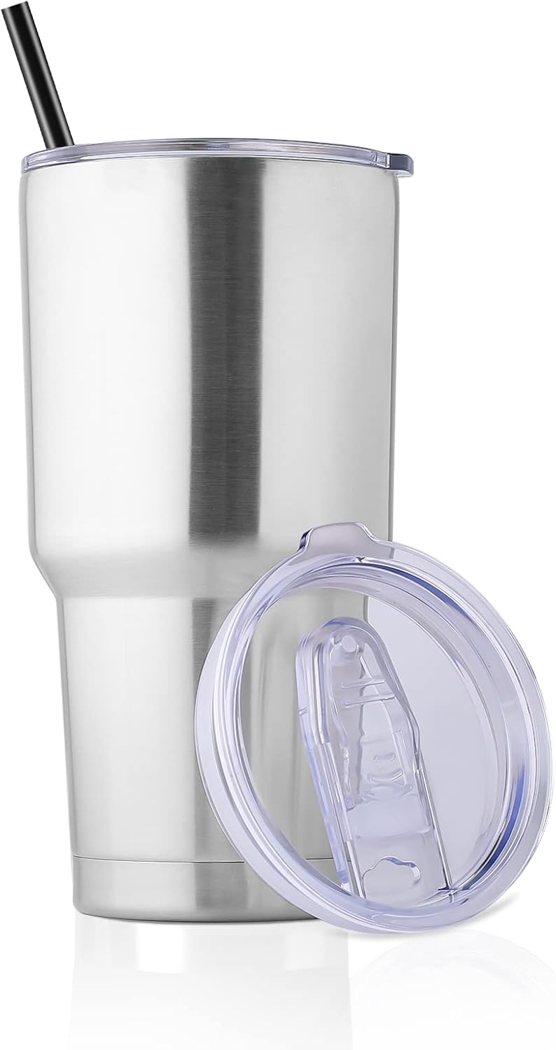 DOMICARE 30 oz Tumbler with Lid and Straw, Stainless Steel Tumblers Bulk, Insulated Vacuum Double Wall Travel Coffee Mug, Durable Powder Coated Tumbler Cup (Stainless Steel, 1)