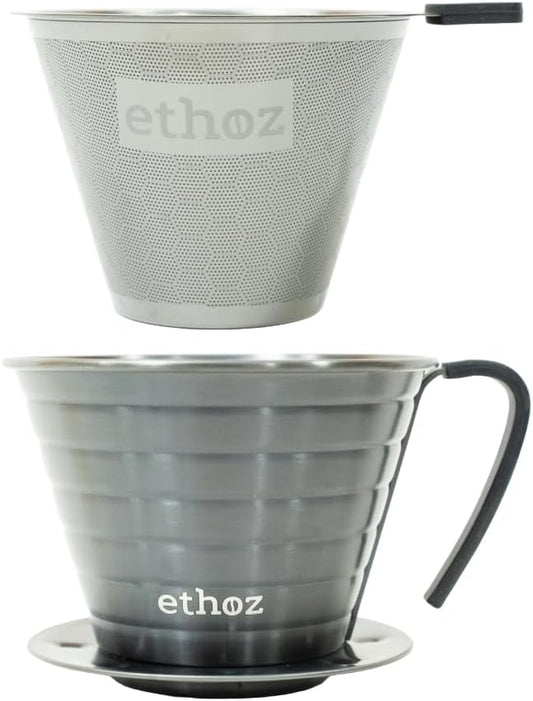 Ethoz® Pour Over Coffee Maker – Sustainable Stainless Steel Pour Over with Built-In Reusable Filter, Flat/Convex Bottom for Even Extraction, Eco-Friendly Design, Precision Anywhere Brewing