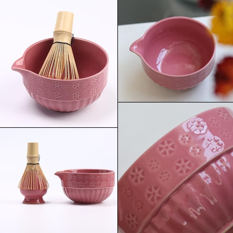 Matcha Whisk Set Pink, Ceramic Matcha Set Includes Matcha Bowl, Bamboo Whisk, Whisk Holder, Scoop, Rest, Sifter and Tea Towel – Complete 7 PCS Matcha Kit for Matcha Lovers Gift