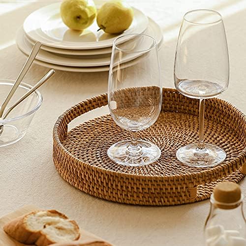 Rattan Round Serving Tray, Hand Woven Serving Basket with Cut - Out Handles, Wicker Fruit/Bread Serving Basket (11.8 + 13.8 inch)