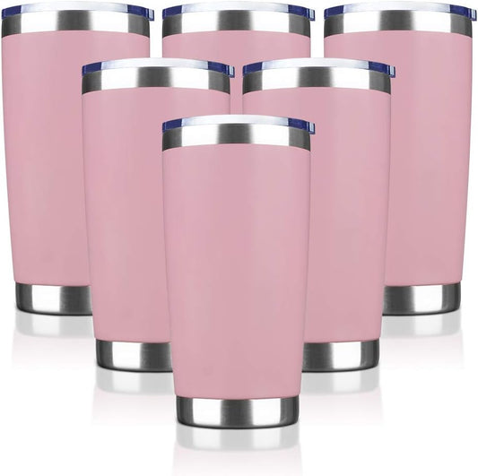 20oz Tumbler Stainless Steel Vacuum Insulated Mug with Lid, Double Wall Travel Mug, Durable Powder Coated Coffee Cup, Suitable for Ice Drinks and Hot Beverage (Pink 6pack)
