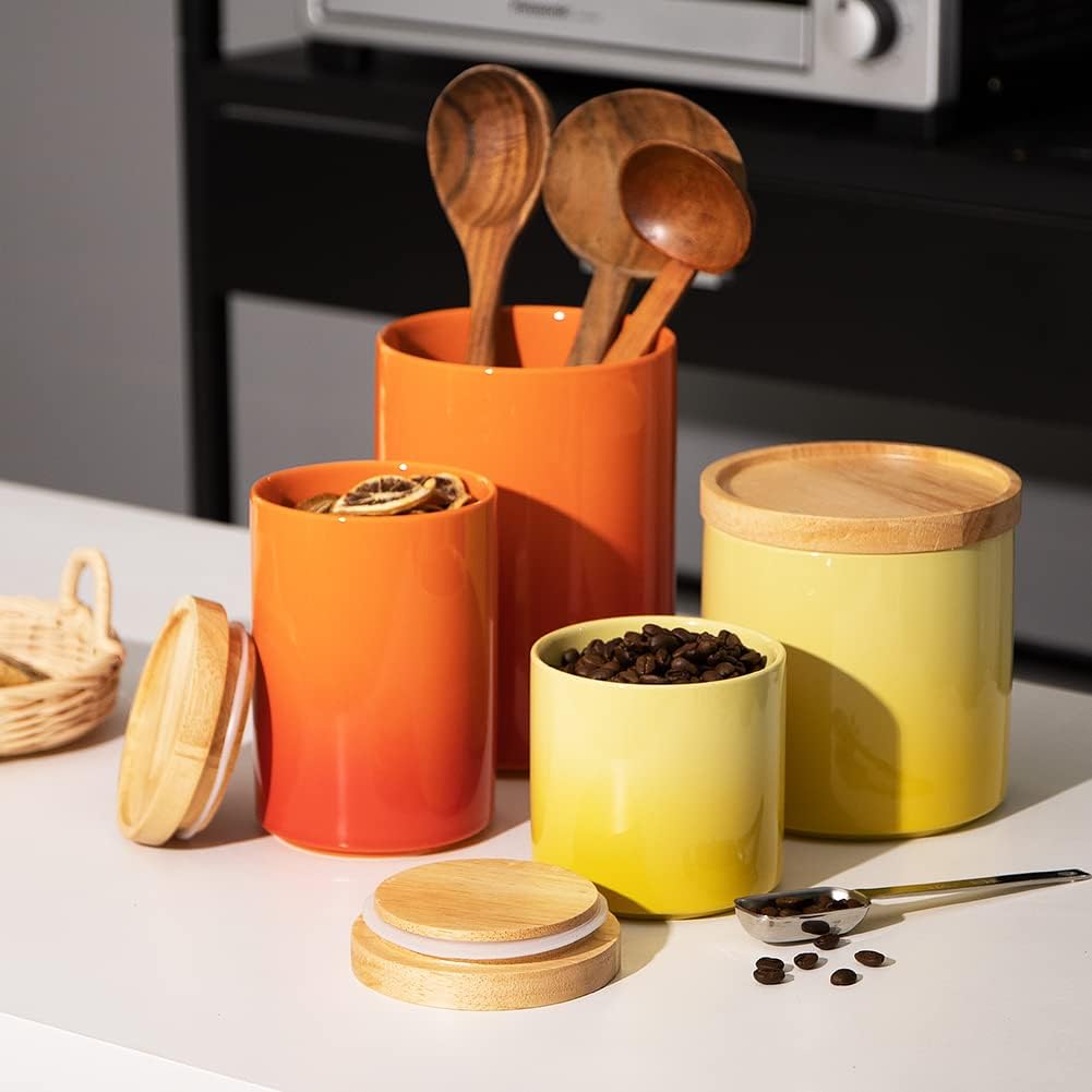Sweejar Ceramic Food Storage Jar, Stackable Kitchen Canisters, Containers with Airtight Seal Wooden Lid for Serving Ground Coffee, Tea, Sugar, Salt and More - 28 Fl Oz (Gradient Orange)