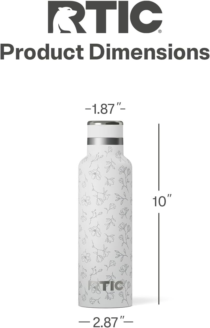 RTIC 20oz Journey Bottle Metal Stainless Steel Vacuum Insulated, BPA Free, Reusable, for Water, Hot and Cold Drinks, Travel, Sports, Camping, White Magnolias