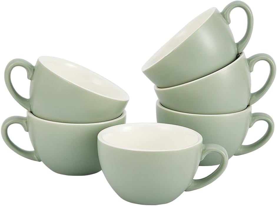 Set of 6 Matte Green 10 oz Professional Barista Ceramic Latte Art Cappuccino Cups Set (Matte Green * 6)