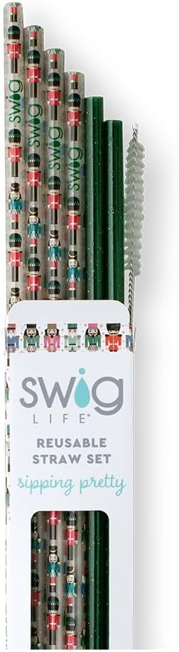 Swig Life Reusable Straws Classic Nutcracker + Green Glitter Tall Straw Set & Cleaning Brush, Each Straw is 10.25 inch Long (Fits Swig Life 20oz Tumblers, 22oz, and 32oz Tumblers)