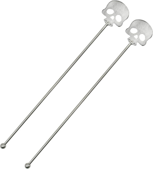 2Pcs Skull Swizzle Sticks 8.7inch Coffee Stirrers Reuseable 18/10(304) Stainless Steel Beverage Cocktail Stirrer for Bar Halloween Party Mixing Drinks