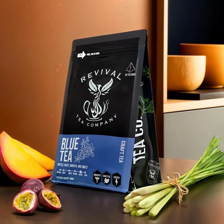 Revival Tea Company Blue Tea - Butterfly Pea Flower and Black Tea Blended with Other Herbal Tea Flavors - Loose Leaf 6 Ounces`