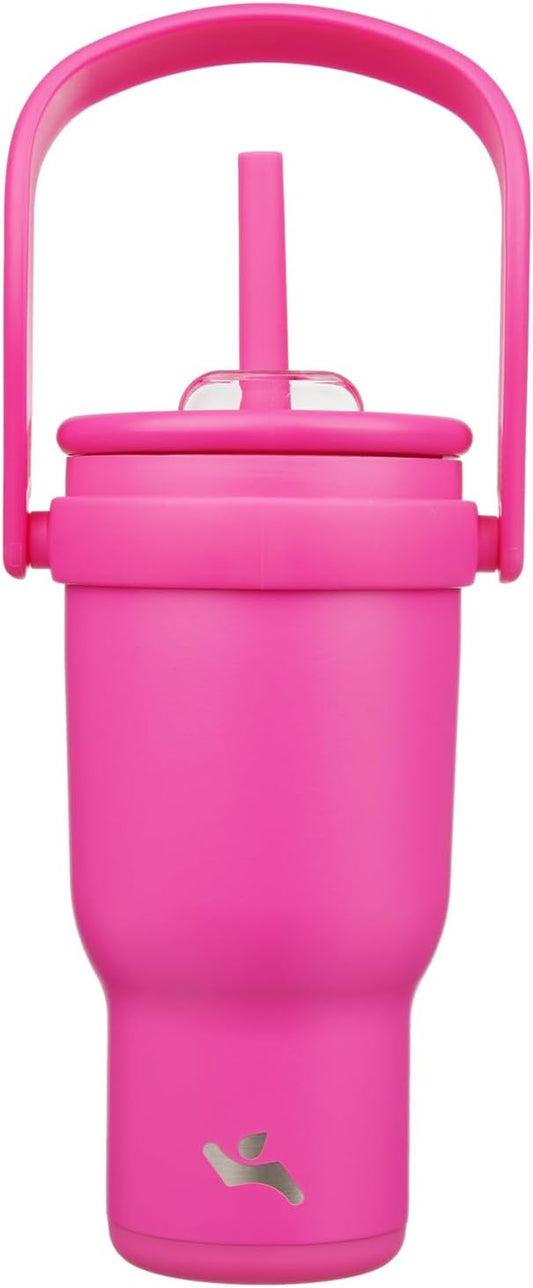 30 oz Tumbler with Side Handle, Insulated Water Bottle with Straw and 2 in 1 Lid, Stainless Steel Cup Travel Coffee Mug for Sports Office Gym,Fuchsia