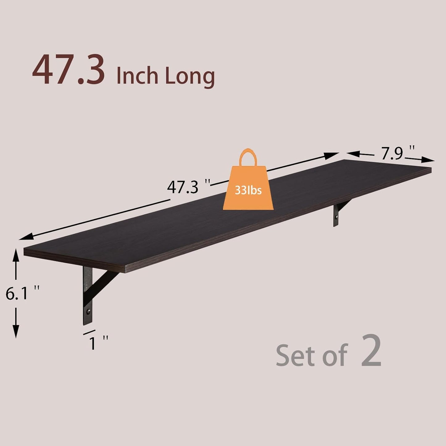 DINZI LVJ Long Wall Shelves, 47.3Inch Wall Mounted Shelves Set of 2, Extra Large Wall Storage Ledges with Sturdy Metal Brackets for Living Room, Bathroom, Bedroom, Kitchen, Espresso