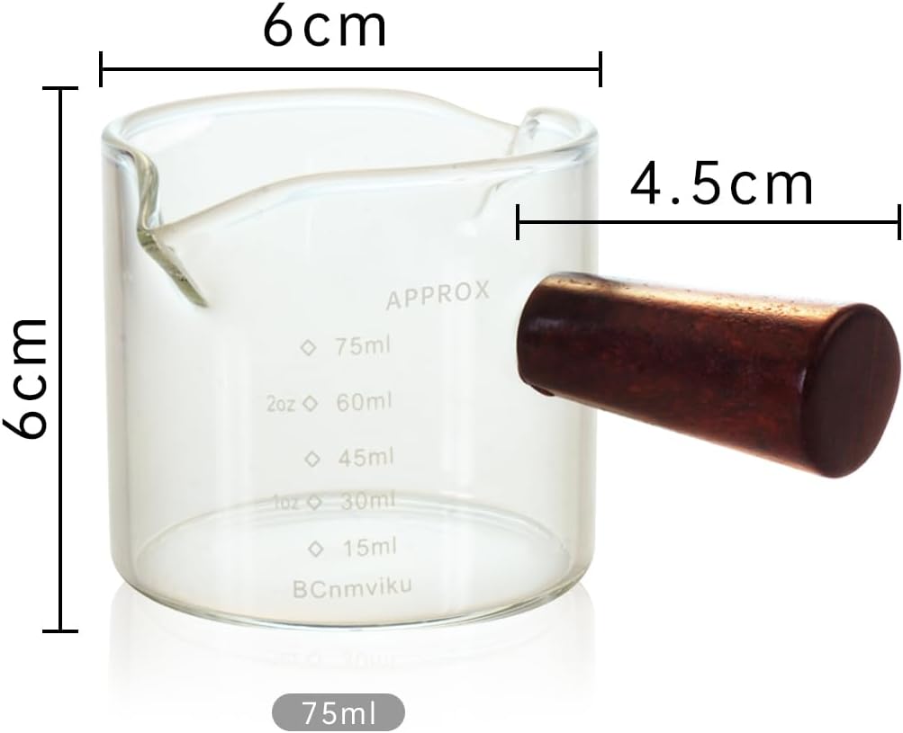 1 Pack Double Spouts Measuring Triple Pitcher Milk Cup with Wood Handle 75ML Espresso Shot Glasses Parts Clear Glass By BCnmviku