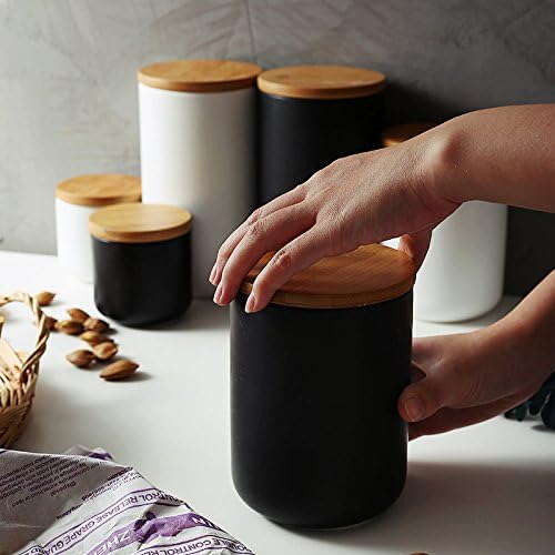 Ceramic Food Storage Jar Canister Modern Design Food Canisters with Airtight Seal Bamboo Lid,Loose Tea Coffee Spice Nuts Snacks Seasonings Storage Jar Canister Caddy (black 7.03oz/200ml)