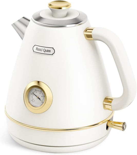 Hazel Quinn Retro Electric Kettle - 1.7 Liters / 57.5 Ounces Tea Kettle with Thermometer, All Stainless Steel, 1200 Watts Fast Boiling, BPA-free, Cordless, Automatic Shut Off - Pearl White