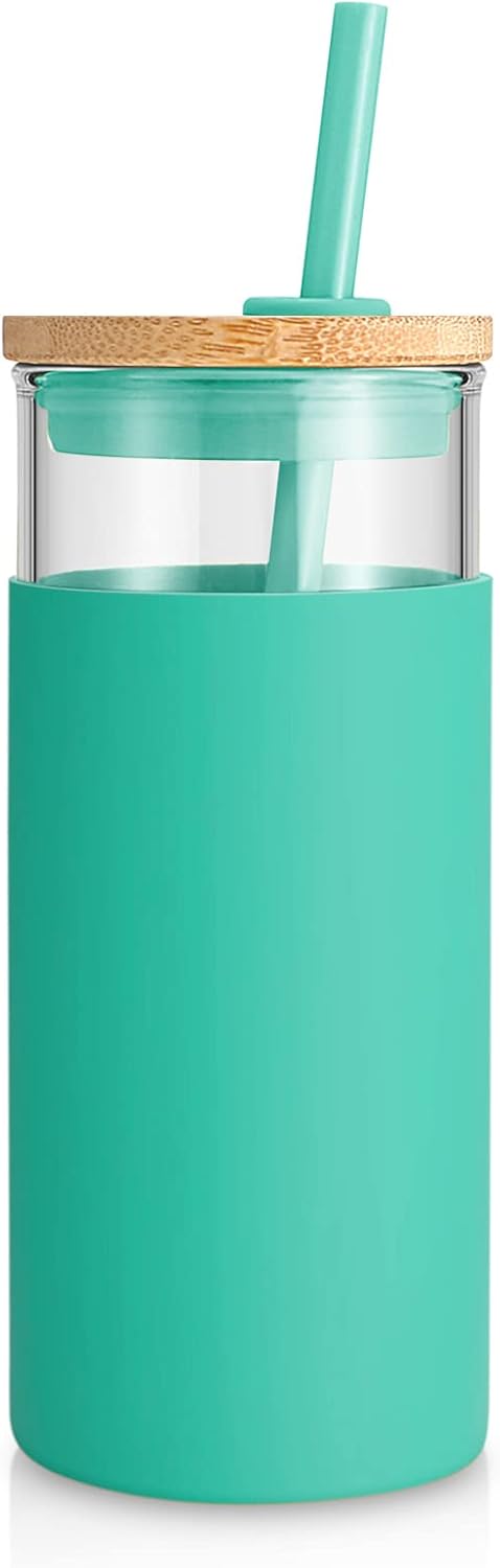 Tronco 20 oz Glass Tumbler with Lid and Straw, Reusable Iced Coffee Cup with Silicone Sleeve & Bamboo Lid, Smoothie Cup for Home,Office, for Father Men Day Gift from Wife Daughter Son (Gress)