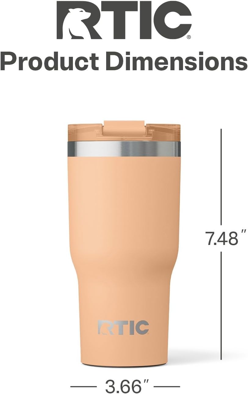 RTIC 20oz Essential Tumbler with Lid, Insulated, Stainless Steel, Metal, Double Wall Vacuum-Insulation, Ceramic Lined, Travel Cup for Iced Coffee, Tea, Hot and Cold Drink, Peach Tea