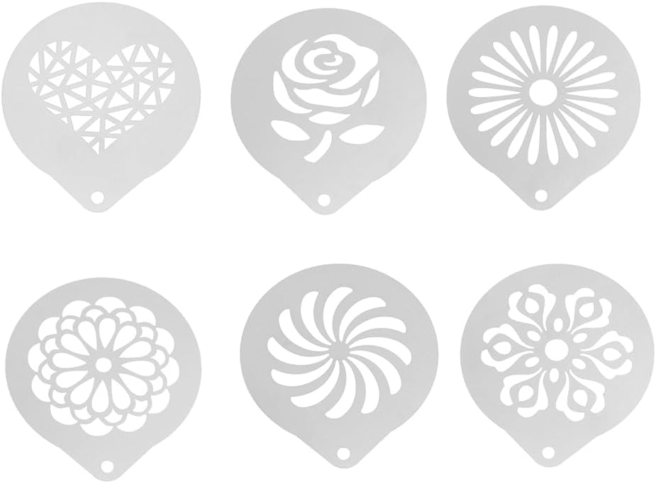 DOITOOL 6 Pcs Coffee Stencils Latte Art Stainless Steel Cappuccino Templates Coffee Templates for DIY Cupcake Mousse Hot Chocolate Milk Foam