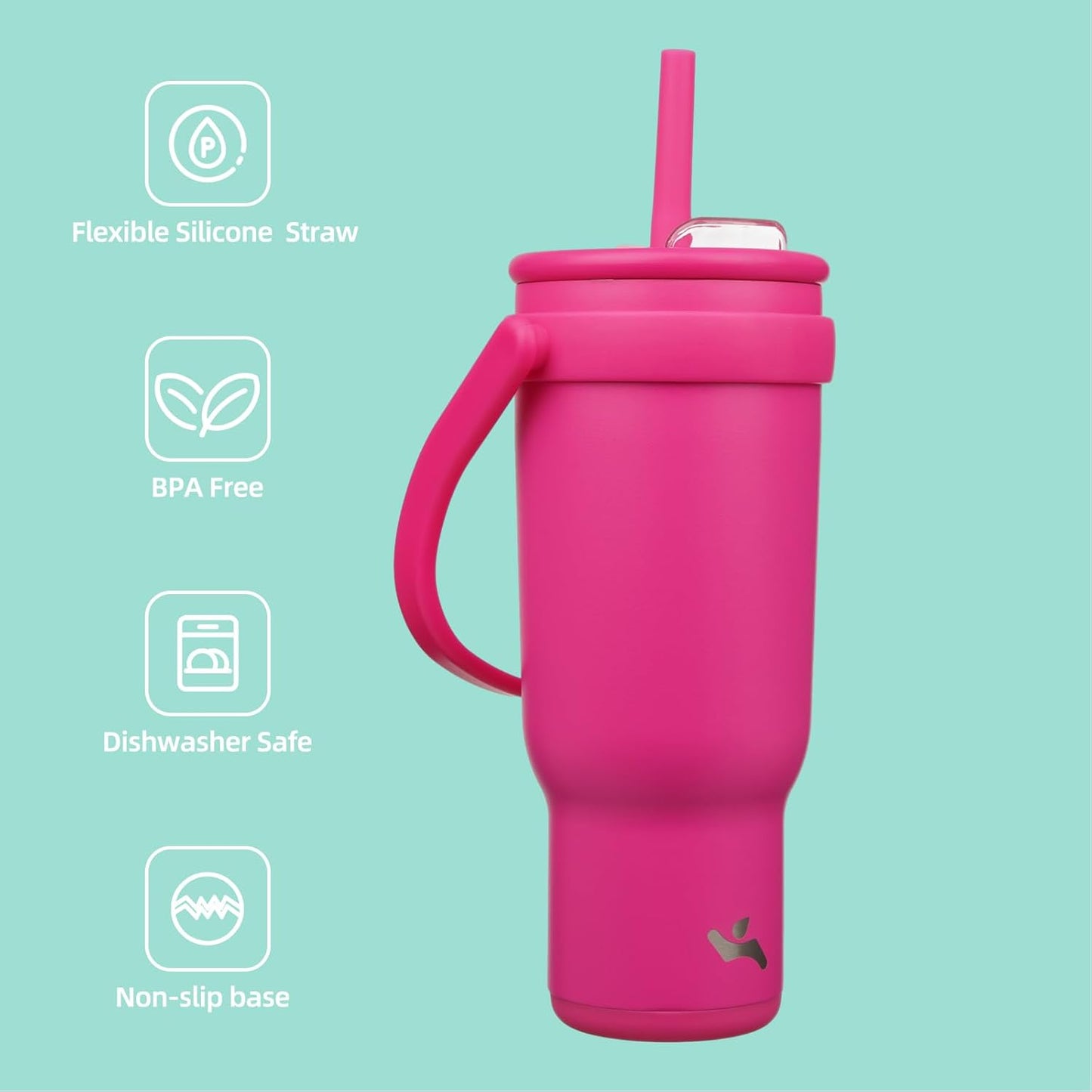 40 oz Tumbler with Side Handle, Insulated Water Bottle with Straw and 2 in 1 Lid, Stainless Steel Cup Travel Coffee Mug for Sports Office Gym,Fuchsia