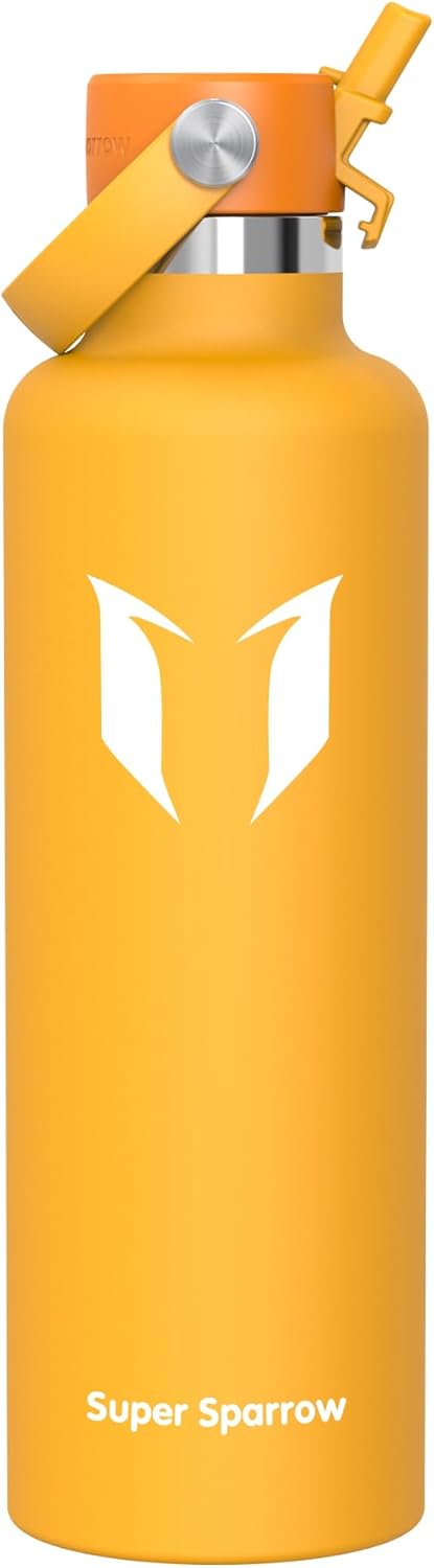 Super Sparrow Insulated Water Bottle - 17 Oz / 25 Oz / 32 Oz - Standard Mouth FlipFlow Flask - BPA Free, Leak Proof Drink Bottle- Ergonomic Straw Water Bottles for Work, Gym, Travel, Sports