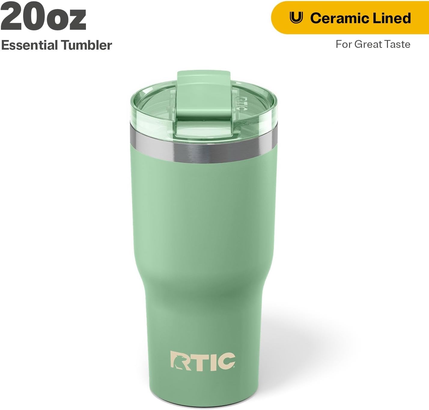 RTIC 20oz Essential Tumbler with Lid, Insulated, Stainless Steel, Metal, Double Wall Vacuum-Insulation, Ceramic Lined, Travel Cup for Iced Coffee, Tea, Hot and Cold Drink, Sage