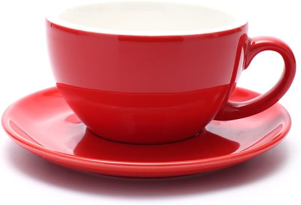 Manual Brew Coffee Cup and Saucer, Latte Art Cappuccino for Coffee Shop and Barista (Glossy Red, 8.5 oz)