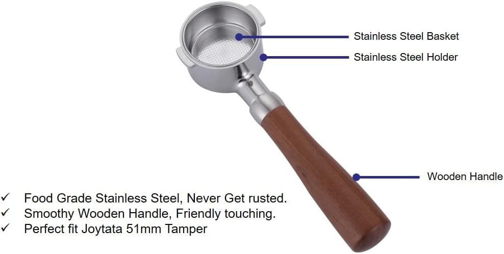 51mm Bottomless Portafilter Compatible with DeLonghi Espresso Machine Stainless Steel 51mm Portafilter 2 Ear for ECP3420/ECP3630/ECP3120/EC260BK/EC265/EC155/EC702/BCO430 Handle-RoseWooden