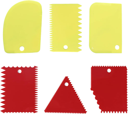 Cake Scraper Cake Decorating Comb,Cake Scraper Smoother,Flexible Plastic Dough Scraper For Bread Making,Reusable Pastry Pizza Dough Cutter Tool For Baking Cake Edge Stripe Decorating(6Pcs,Red,Yellow)