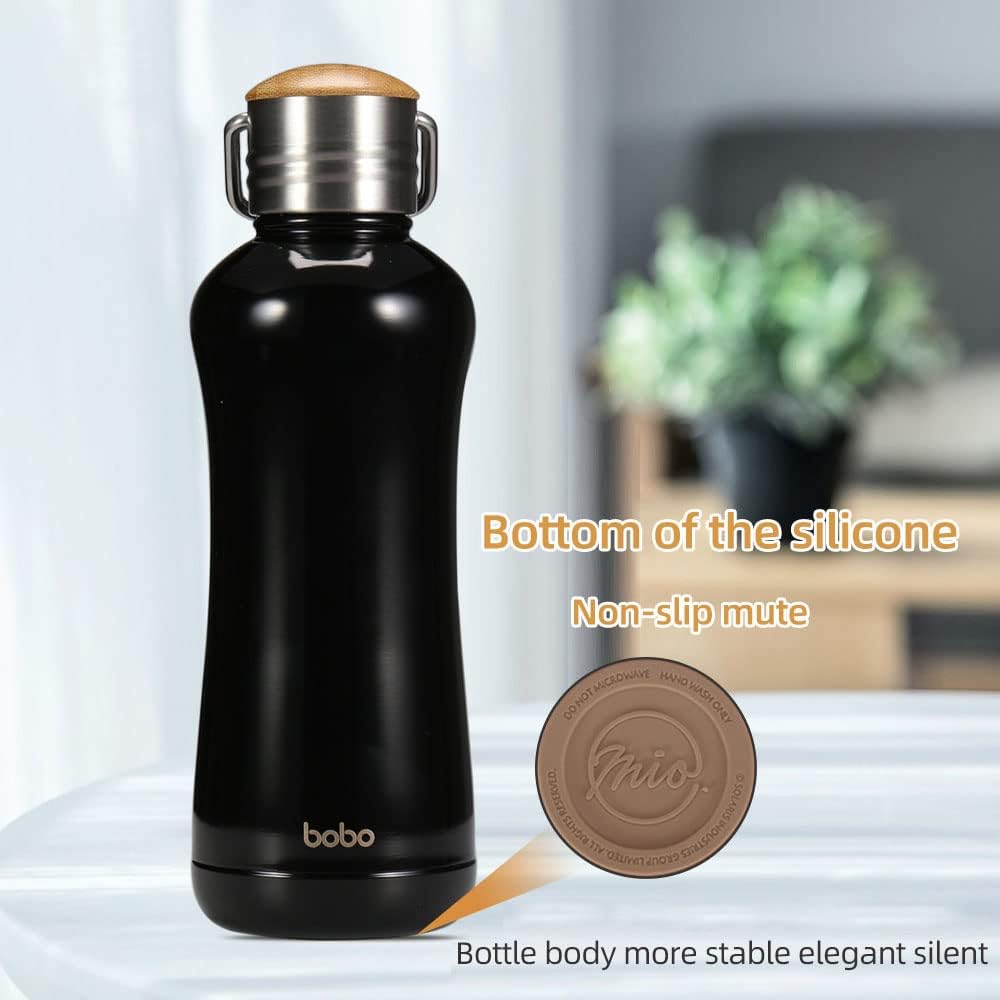 YOHKOH Mini Insulated Water Bottle With Bamboo Lid - 11.8oz Small Vacuum Insulated Water Bottle for Women Kids, 12 Hrs Hot & 24 Hrs Cold Stainless Steel Thermos Leak-Proof BPA-Free (11.8oz,Black)