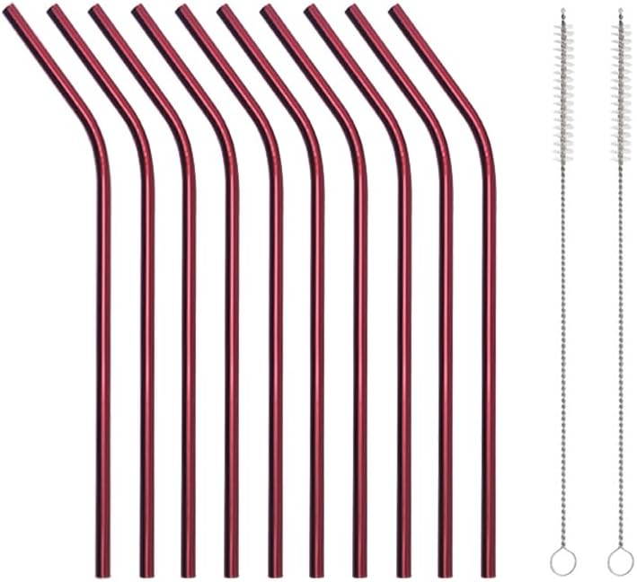10 Pcs Stainless Steel Straws, Reusable Drinking Straws, Bent Metal Straw Sets with 2 Pcs Cleaning Brushes (Red, 10.5 Inch)