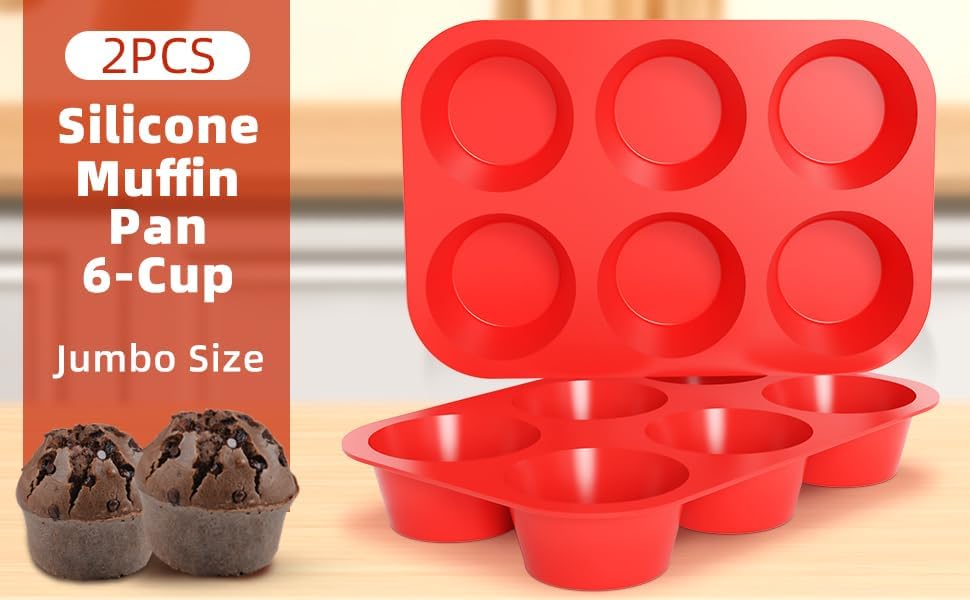 Silicone Jumbo Muffin Pan, 3.5 Inch Silicone Texas Muffin Pan 6 Cup Large Cupcake Pan Nonstick BPA Free 2 Pack Red
