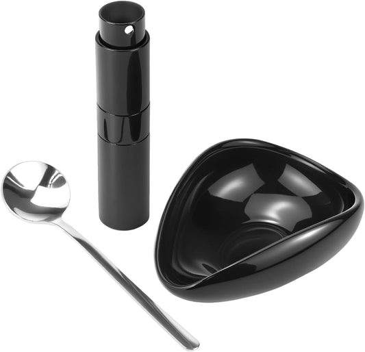 QWORK Coffee Bean Dosing Cup and Spray Bottle Kit - Ceramic Tray with Aluminum Glass Sprayer and Spoon for Baristas and Espresso Enthusiasts